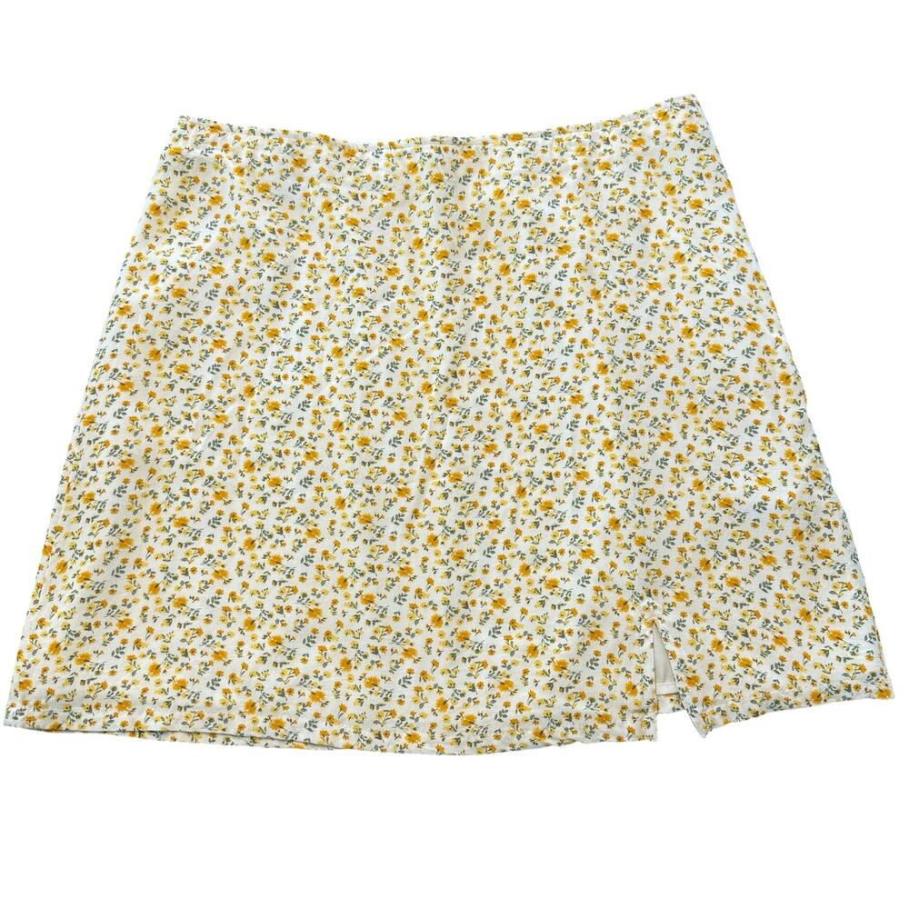 Hollister mini skirt, mini yellow floral/flower pattern, lined, slit, zipper, L